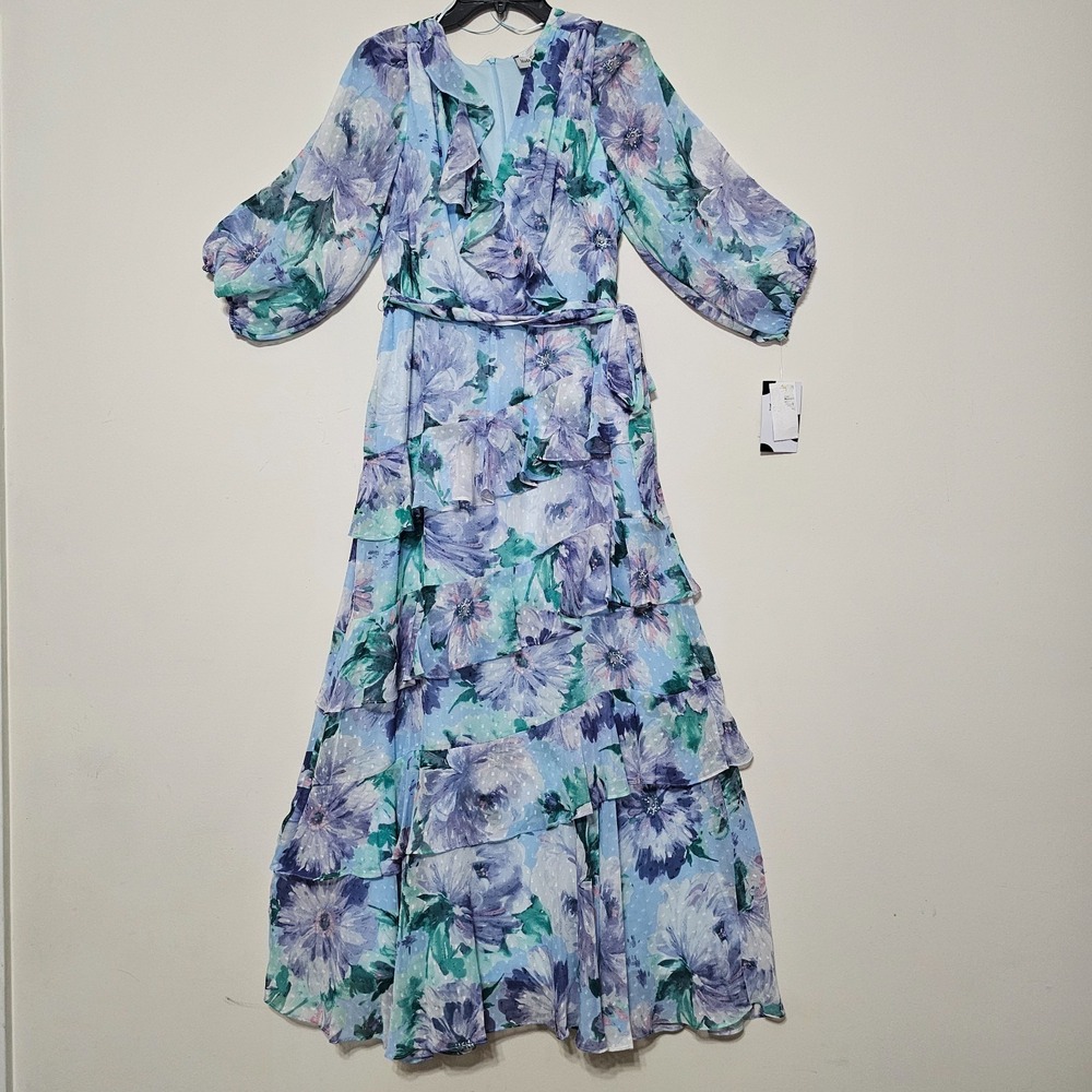 Moda Tara Women Dress ALine 16/XL Blue Purple Pastel Long Sleeves Vneck Belt 859